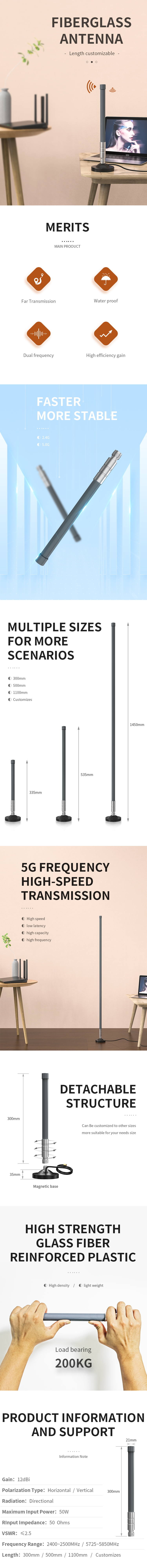 Waterproof 860-930mhz Outdoor Lora Fiberglass Antenna Bundle for 6dbi 8dbi 10dbi 12dbi