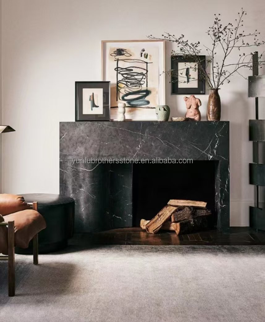 Modern Black Marble Fireplace for Villa Living Room Decoration in European Style
