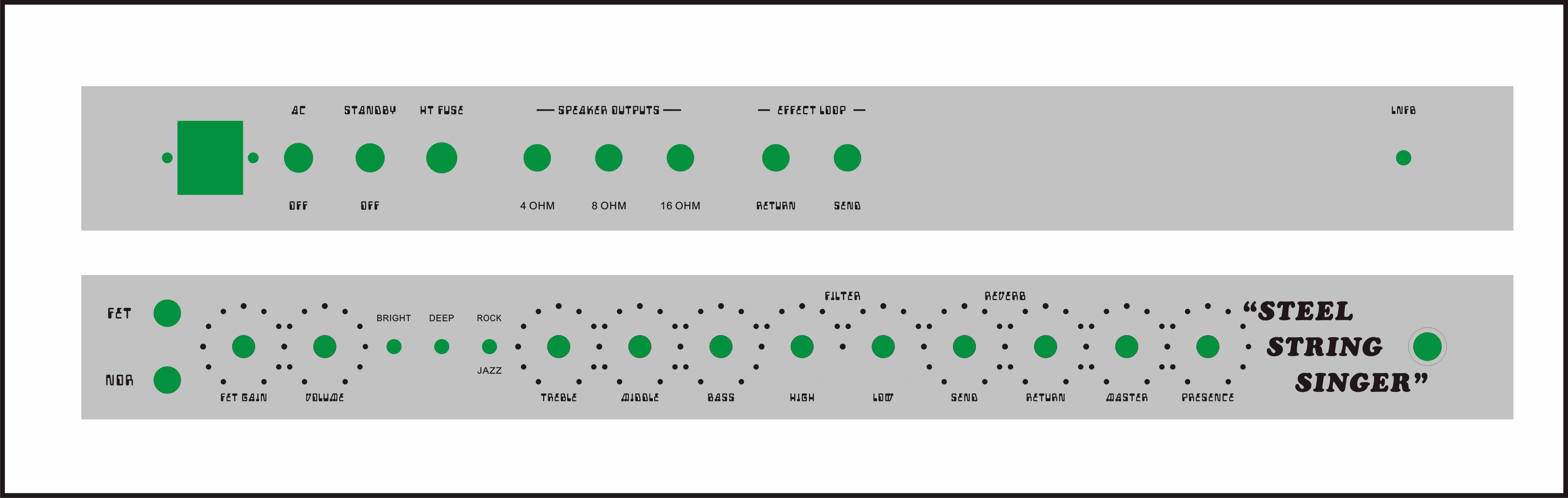 Grand Amplifier D-Style Pedals SSS100 Steel String Singer with FET GAIN, VOLUME, TREBLE, MIDDLE, BASS, HIGH, LOW, SEND,