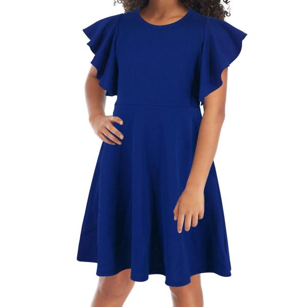 Girl's Flutter Sleeve Stretchy A-Line Swing Flared Skater Party Dress with