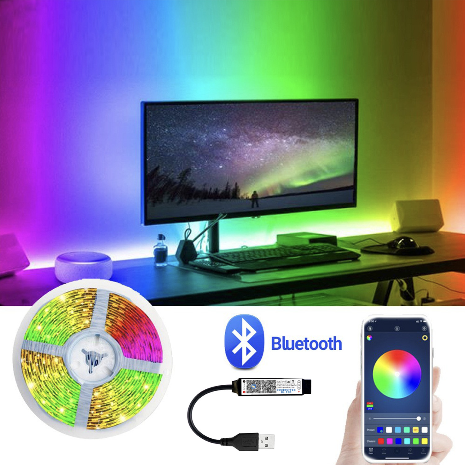 High CRI Ra 80 5m RGB Smart Strip Light Set With 24Keys Bluetooth 5V RGB SMD 5050 LED