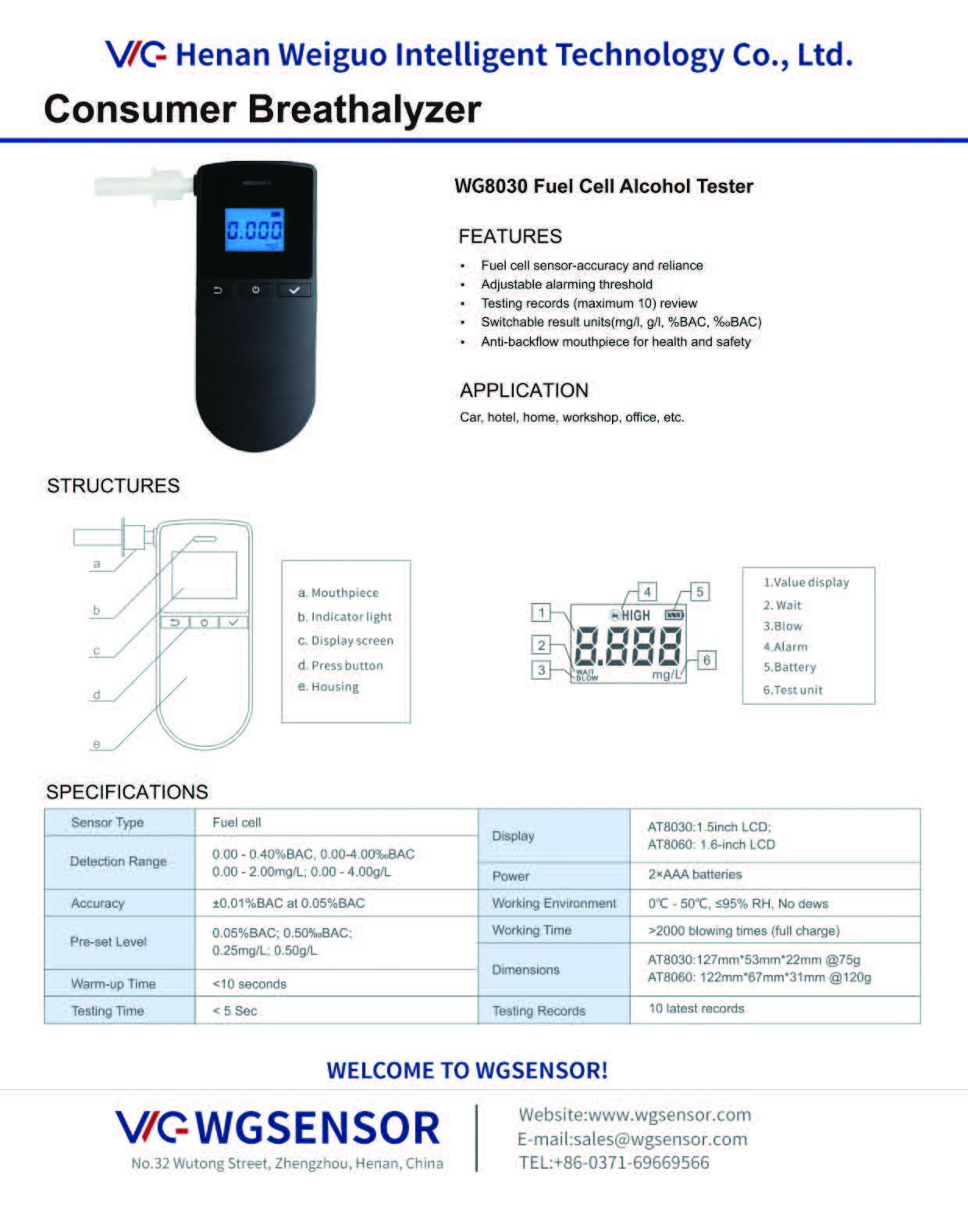 Canada Cheap OEM/ODM Handheld LCD Display Digital Fuel Cell Breathalyzer (WG8030)
