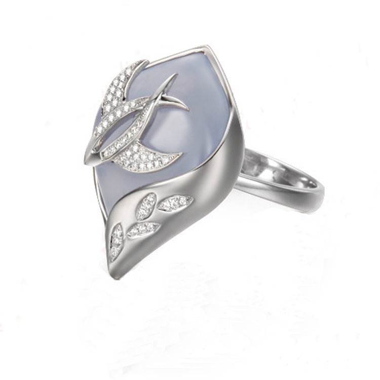 18K Rose Gold Daimonds Natural Blue Chalcedony Gemstone Ring for Women (GDR008)