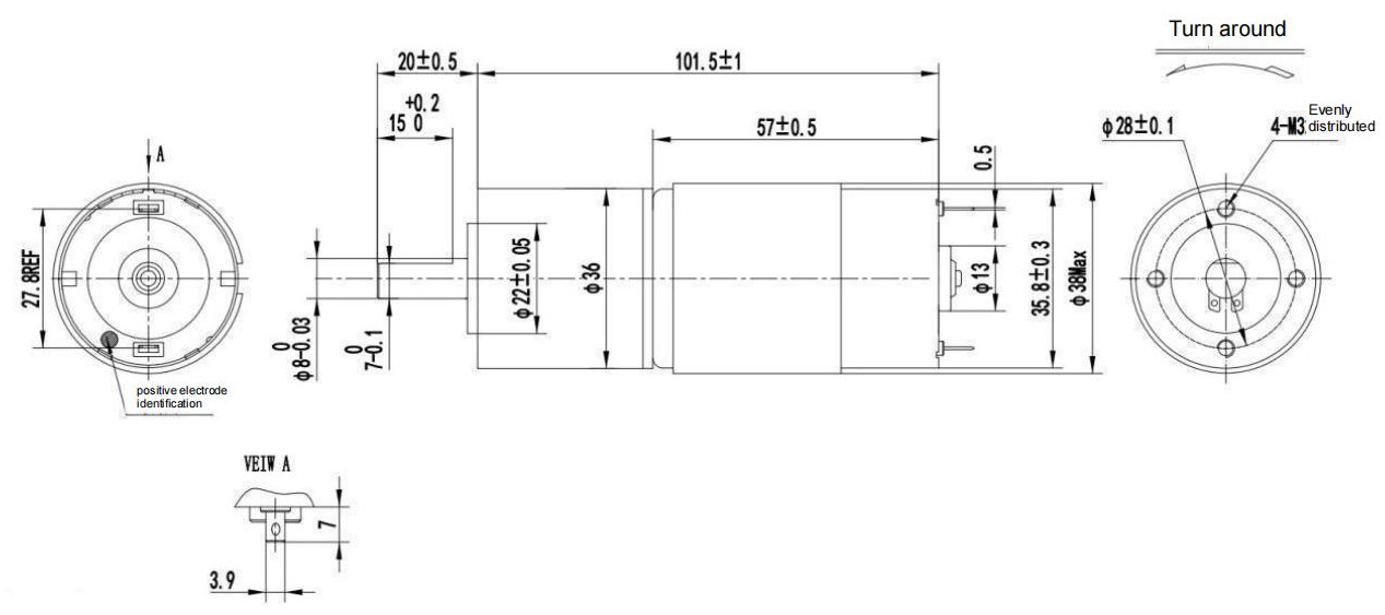 94 Rpm NEMA 14 24V DC Brush Gear Motor 0.38A 36mm Low Noise With Gearbox