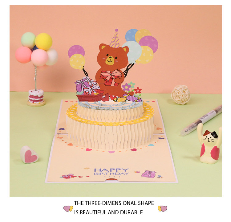 Laser Cut 3d Gift Pop Greeting Cards Cartoon Bear Birthday Cake