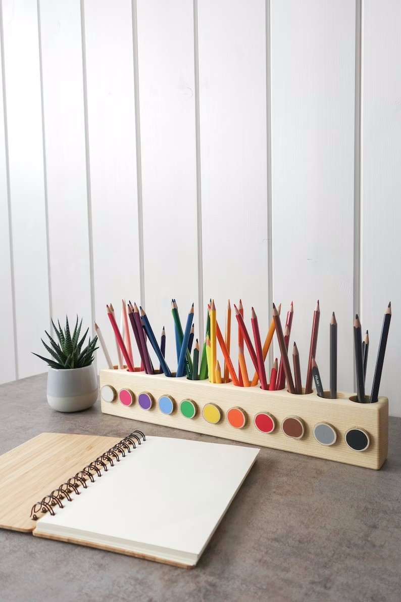 Montessori wood pencil holder crayon holder color sorting adult coloring wood desc organizer artist pencil organizer