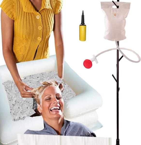 Inflatable Shampoo Basin with Bedside PVC Shower Bag Combo Pack, Shampoo Bowl