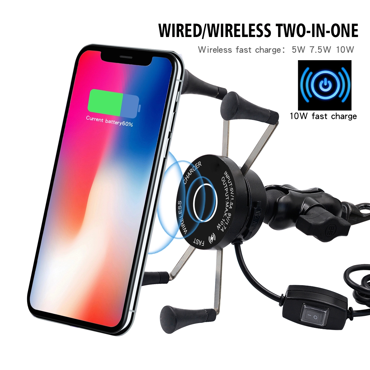 3 In 1 Motorcycle Wireless Charger Mount , FCC 5V 1.5A Motorcycle Phone Grip