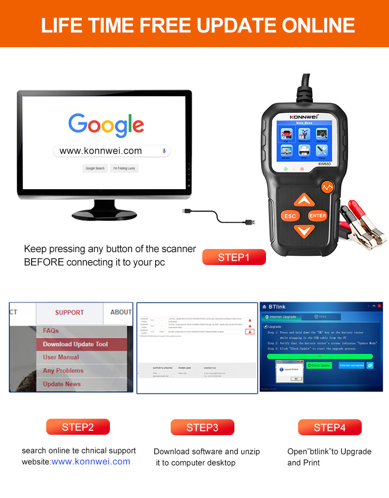 Motorcycle Grass Cutter Vehicle Diagnostic Battery Scanner KONNWEI KW650 For 6-12V Battery