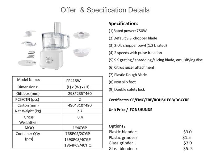 750W 2.0L FP413 compact food processor