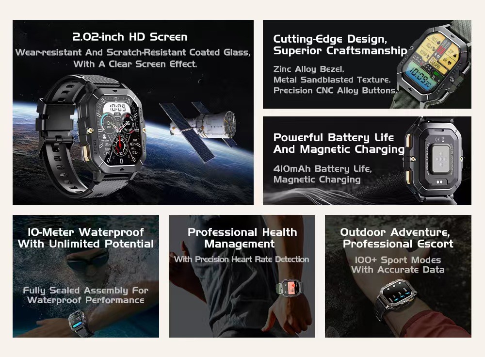 C28 Men Sports Smart Watch 2.02inch Large Memory 410mAh Battery 1ATM Waterproof