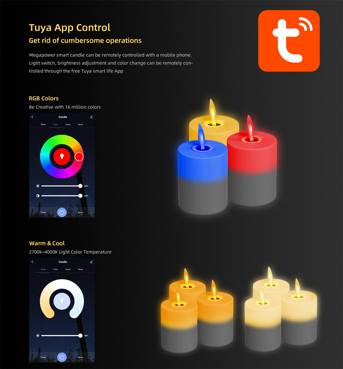 Phone Control Battery Operated Flameless LED Candle Light, Swing Flickering Ambiance Light