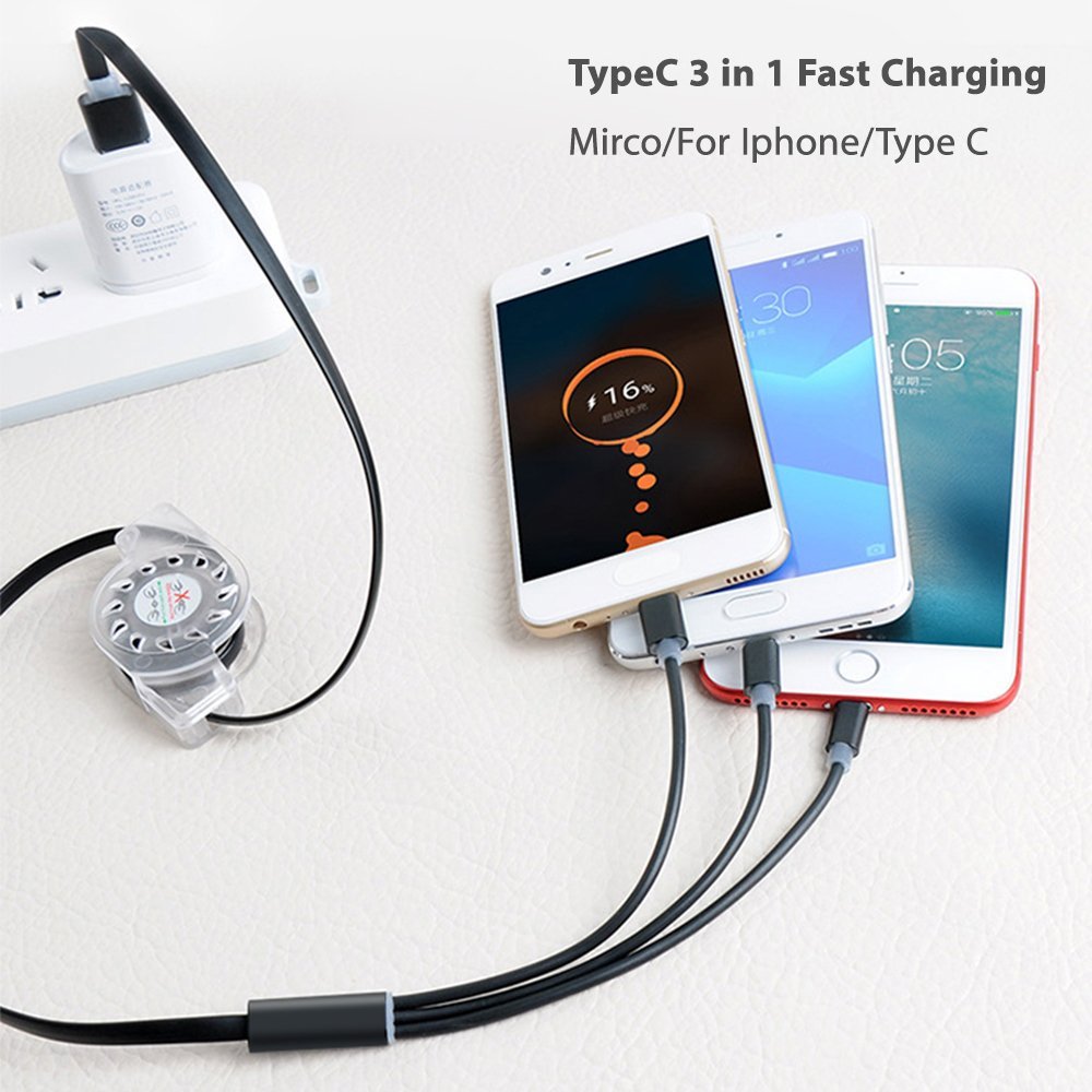 Retractable 3 In 1 Braided Charging Cable Widely Compatible High Durability