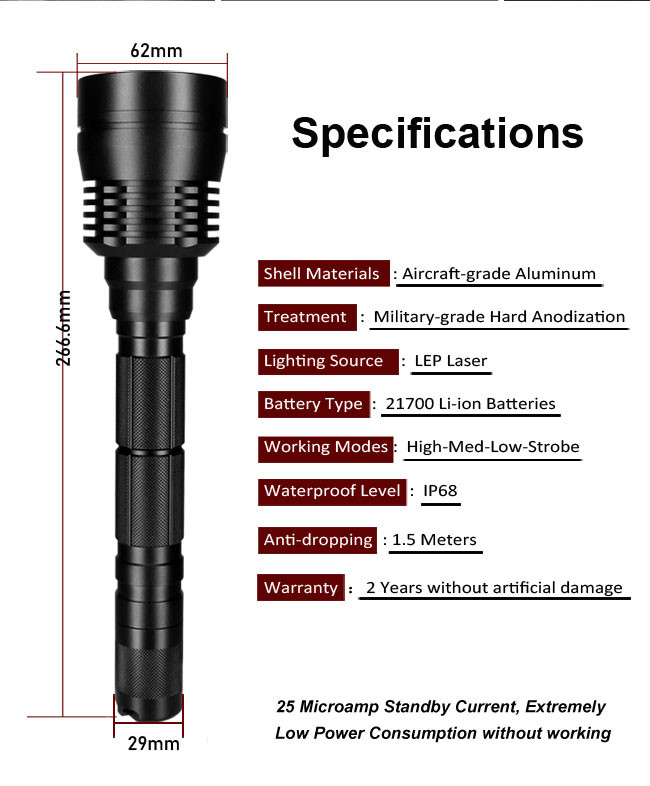 Black Aluminum Alloy 3500M LEP White Laser Flashlight Rechargeable