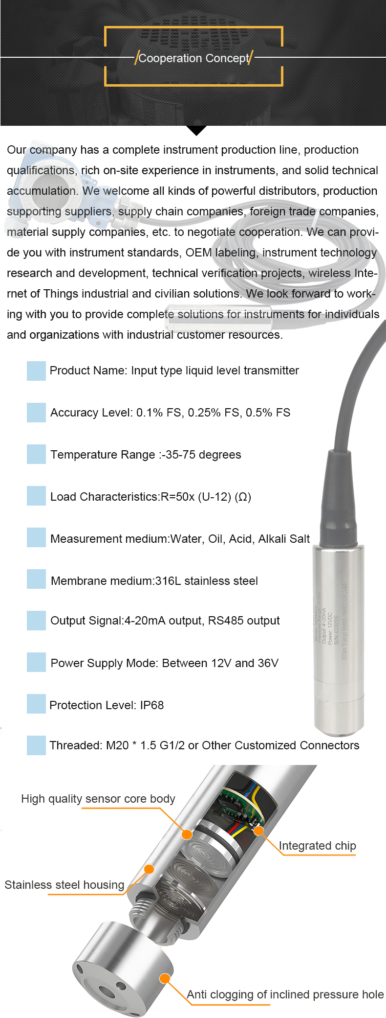 IP68 Intelligent Level Transmitter 316L Stainless Steel Pressure Level Transmitter OEM ODM