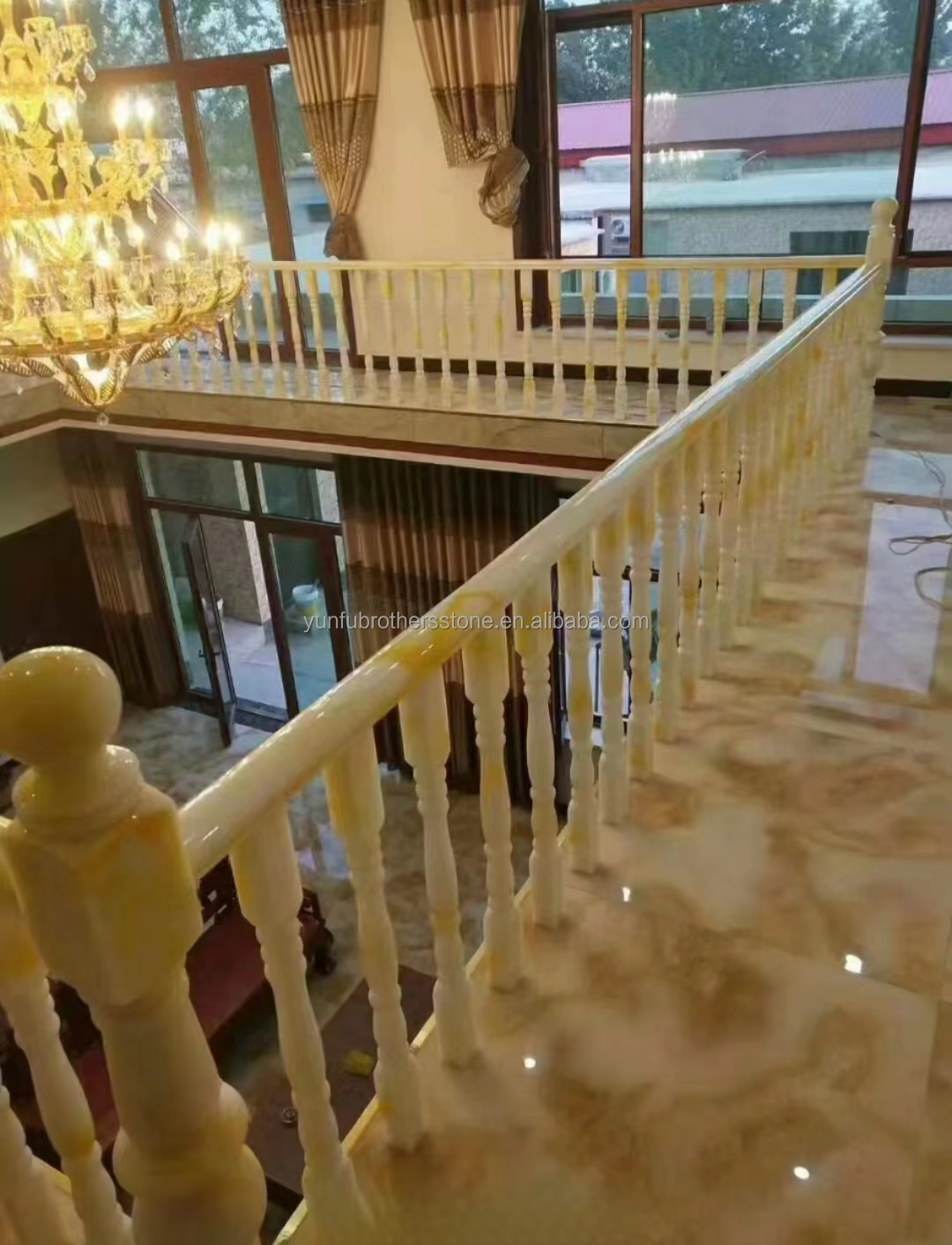 Step Mounted Flooring Onyx Marble and White Marble Balustrade Railing Handrail for Stair