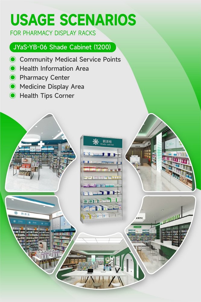 JYaS-YB-06 Eco-friendly Community Pharmacy Shade Cabinet with White Glossy Boards and Clear Glass Shelves