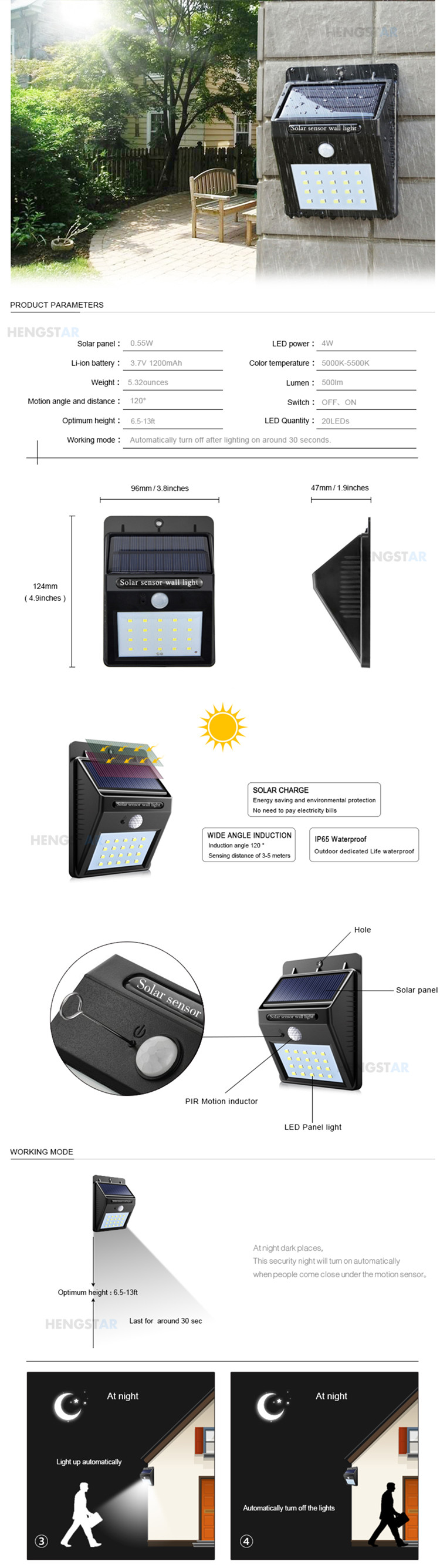 PIR Motion Sensor Solar Powered LED Wall Light , Wall Mounted Solar Garden Lights