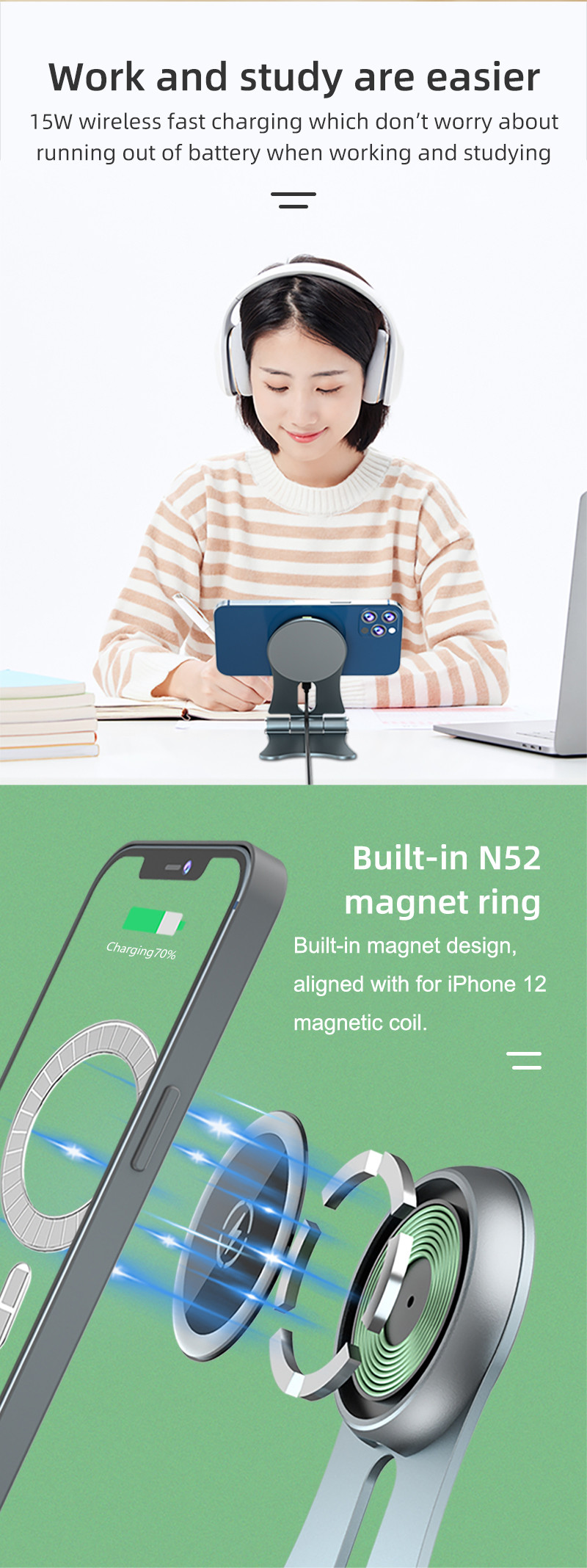 Magnetic Qi Wireless Charging Station 15w Metal Mobile Phone Desk Stand