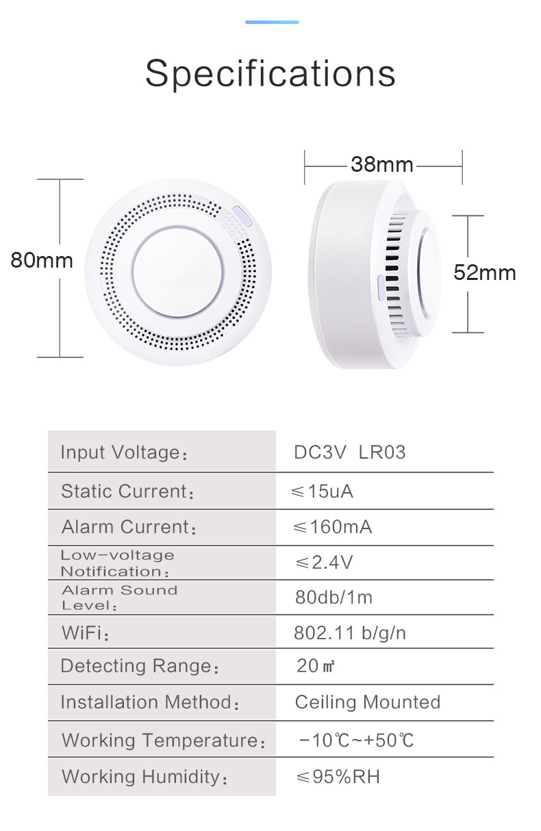 Tuya Smart WiFi Smoke Detector APP Control Remote Alarm SMS Notification 80DB Siren