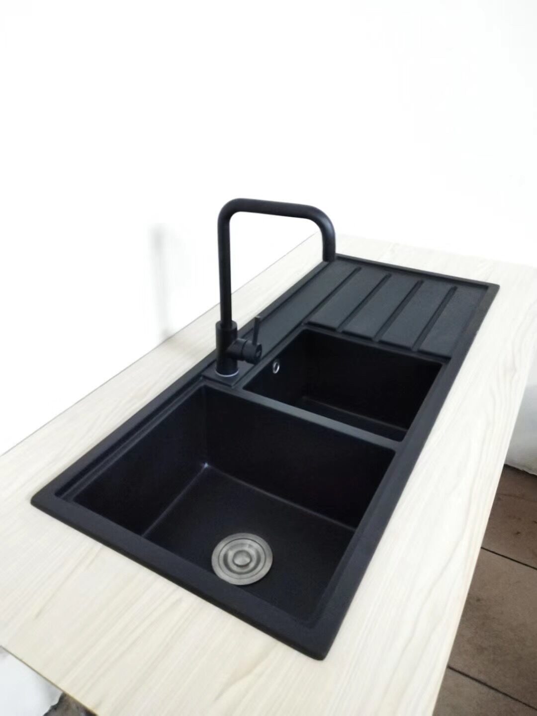 black double bowl granite inset sink /composite quartz sink with drainboard