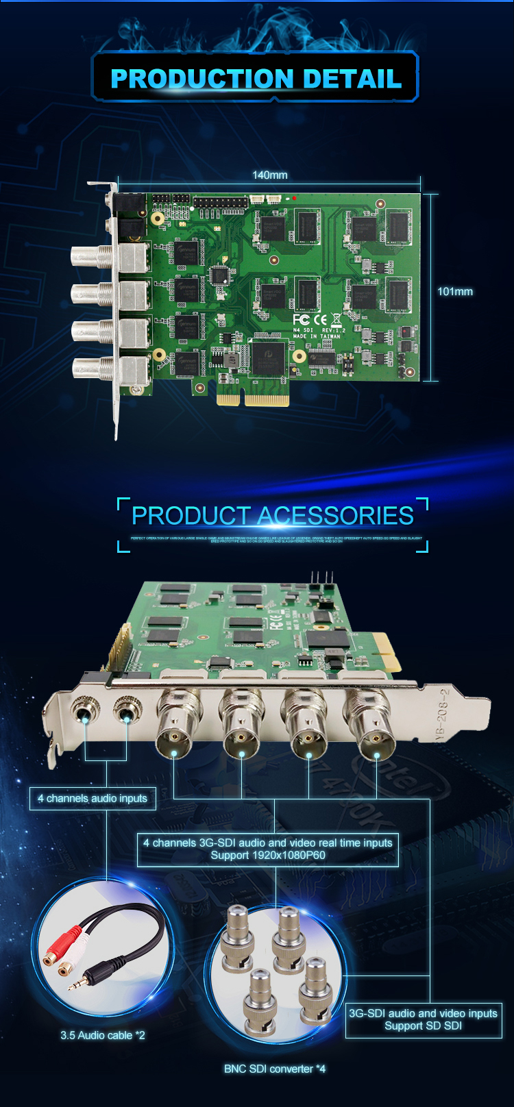PCIe 4U SDI H.264 4 Channel Video Capture Card For CCTV Camera