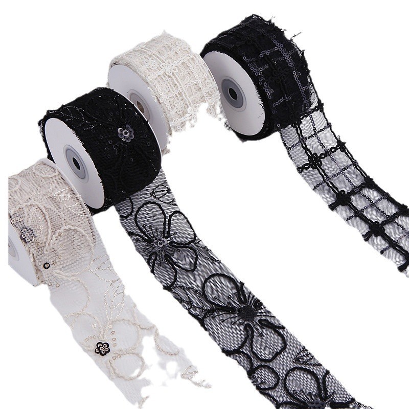 50mm Shinny Polyester Mesh Ribbon With Floral Jacquard Ribbon