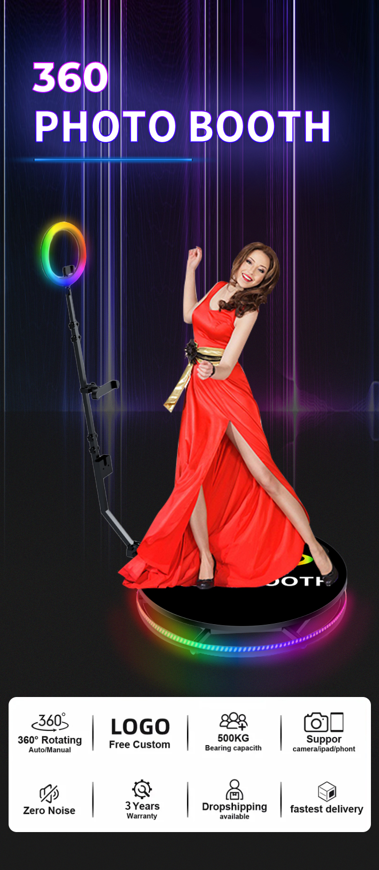 High Capacity 360 Photo Booth with Digital Backdrop Edit Software and Remote Control