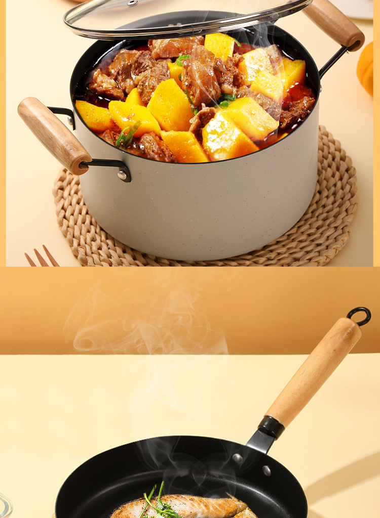 Kitchen Maifan Stone Coating Cast Iron Pot Set With Wooden Handle