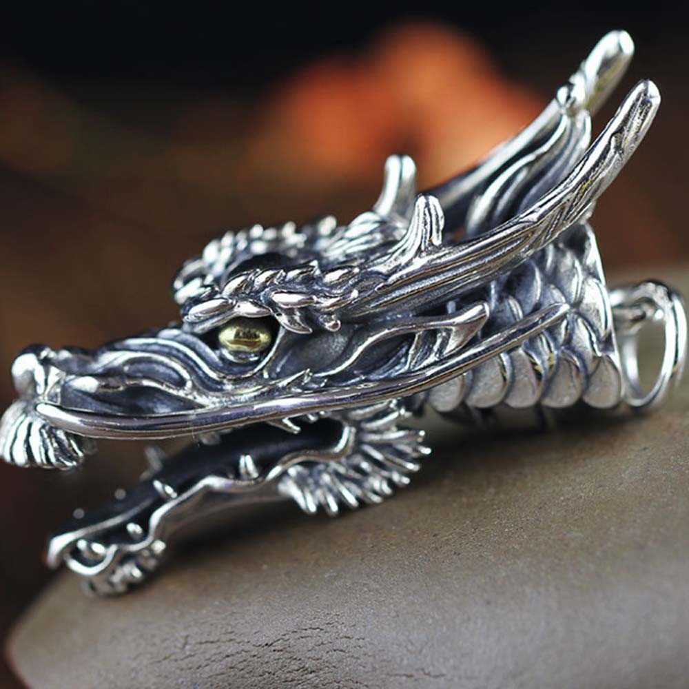 Men Necklace Retro 925 Sterling Silver Dragon Head Pendant Silver Wheat Chain Necklace (DZ020998)