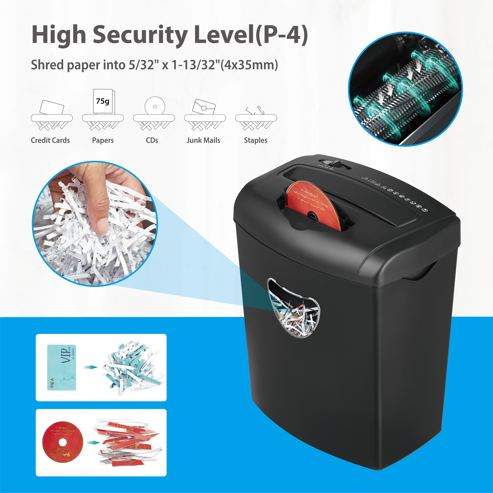 5.55 Gallons CD 10 Sheets A4 Paper Shredder Machine CD218P with CE Certificate and 21L basket Bin