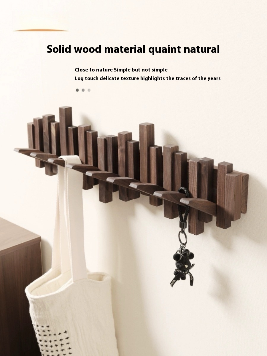 Walnut Wooden Wall Hanger Creative Piano Key-Type Clothes Rack with Staggered Hook Single Tier for Entrance Storage Living Room