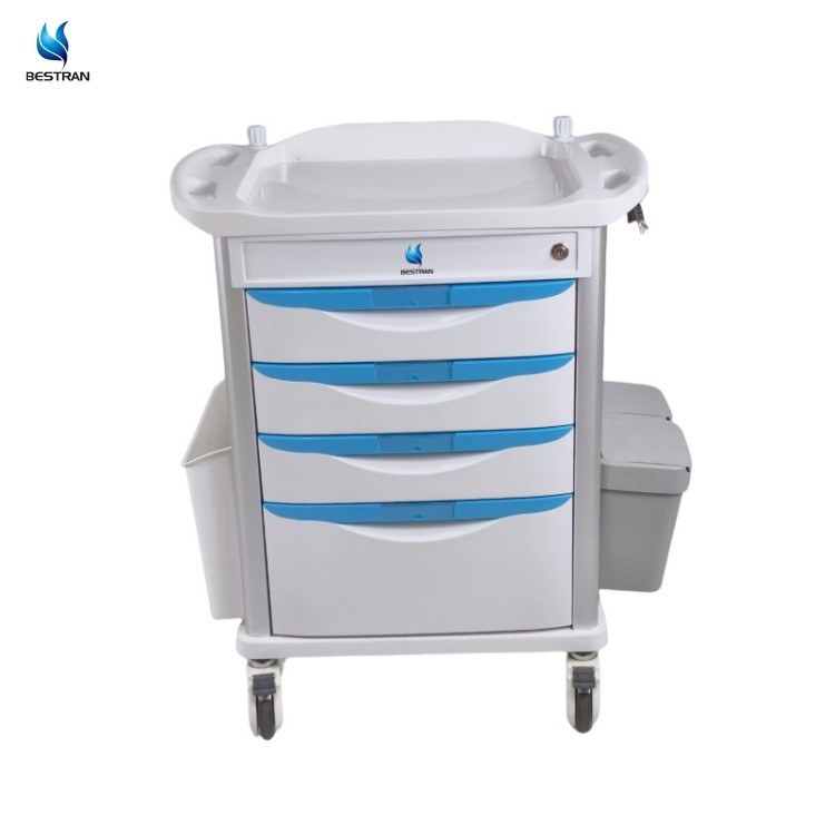 4 Drawers ABS Emergency Medical Trolley With Defibrillator Shelf Oxygen Tank Holder