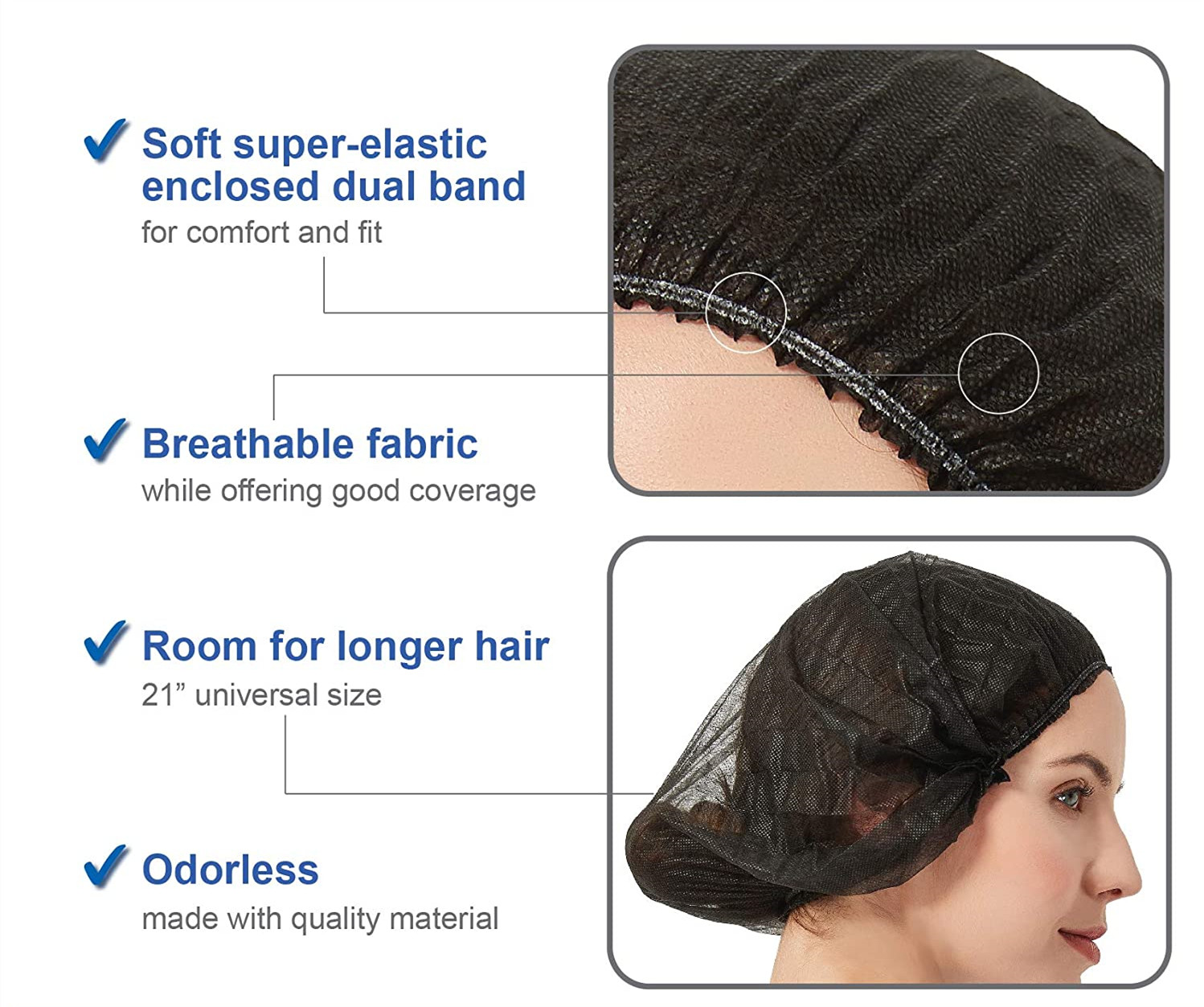 S&J Disposable Mob Cap Clip Cap Soft PP Non-woven with Sewn-in Elastic Band for Secure Fit 21/24 inch Multi-color