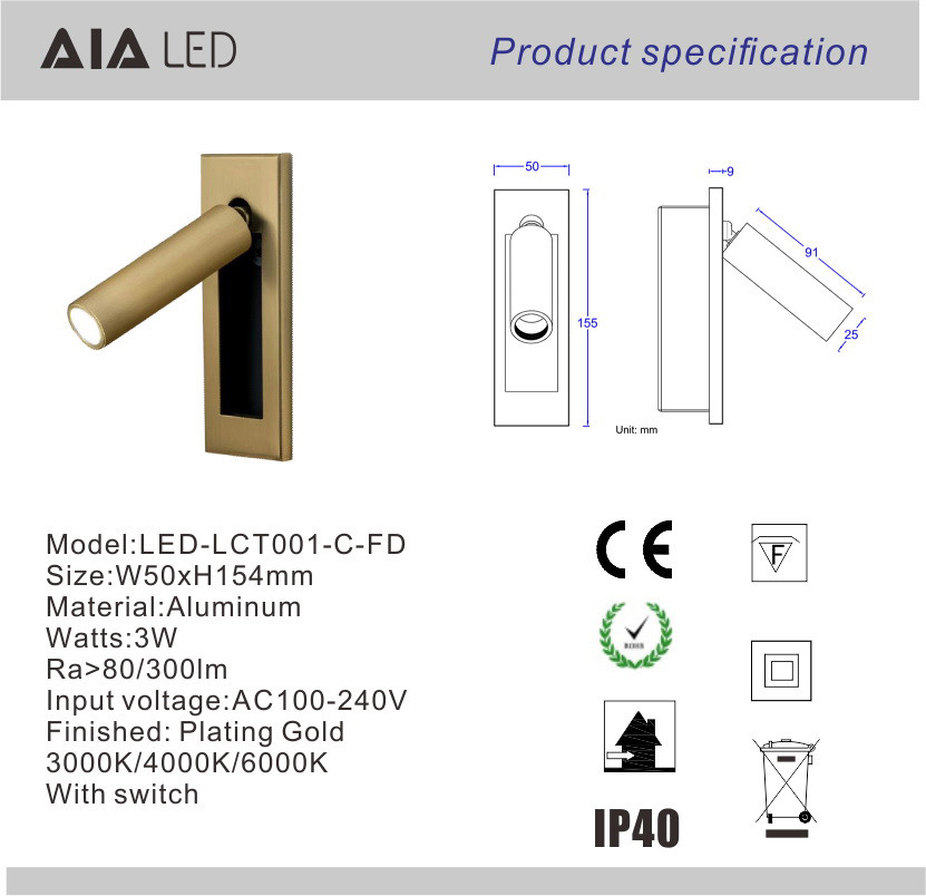 Recessed mounted any finish reading wall light 3W led wall lamp led reading bedside lights