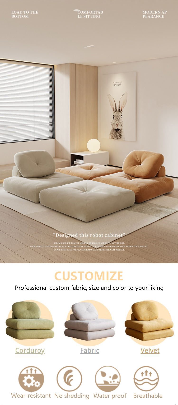 Reclining Convertible Sectional Couch Bed Sofa Tatami With Velvet Fabric
