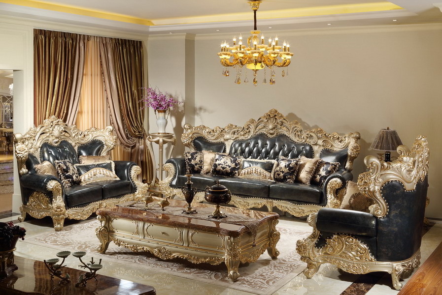 Luxury Classic French design of Living room Sofa sets 1+2+3 used Beech wood fame and Import Italy Leather upholstered