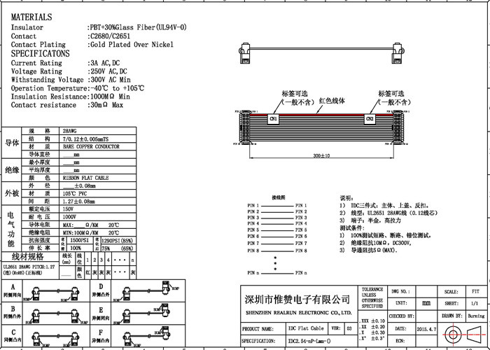 Gold Over Nickel IDC Flat Cable Assembly , Dual Row Computer Ribbon Cable