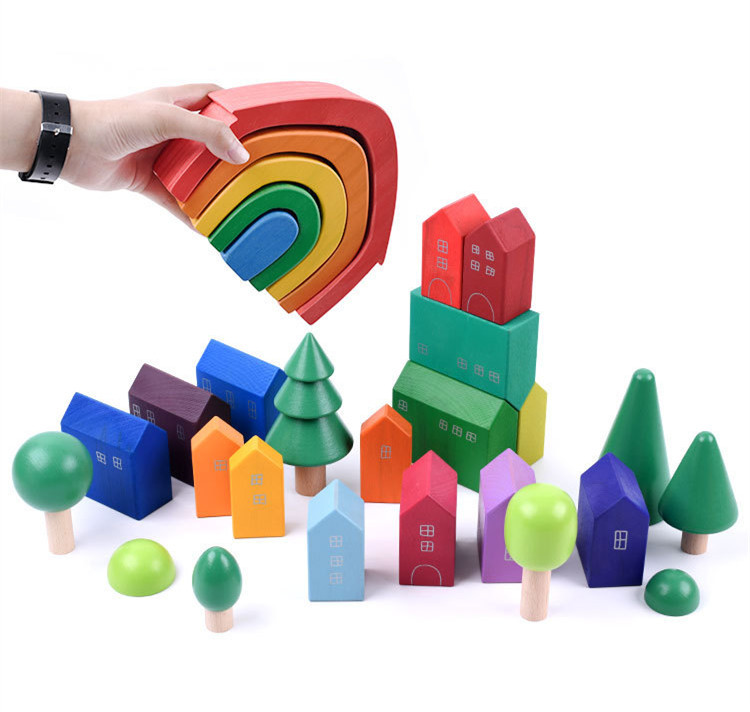 Baby 15cm Bridge Wooden Building Blocks Toy Nesting Rainbow Block Set
