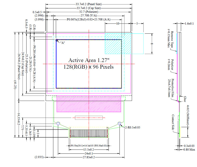 1.27 Inch AMOLED Display Module UG-2896GDEAF11 SSD1351 Controller 128x96 Passive Matrix 30 Pins ZIF Connection For Medical Device