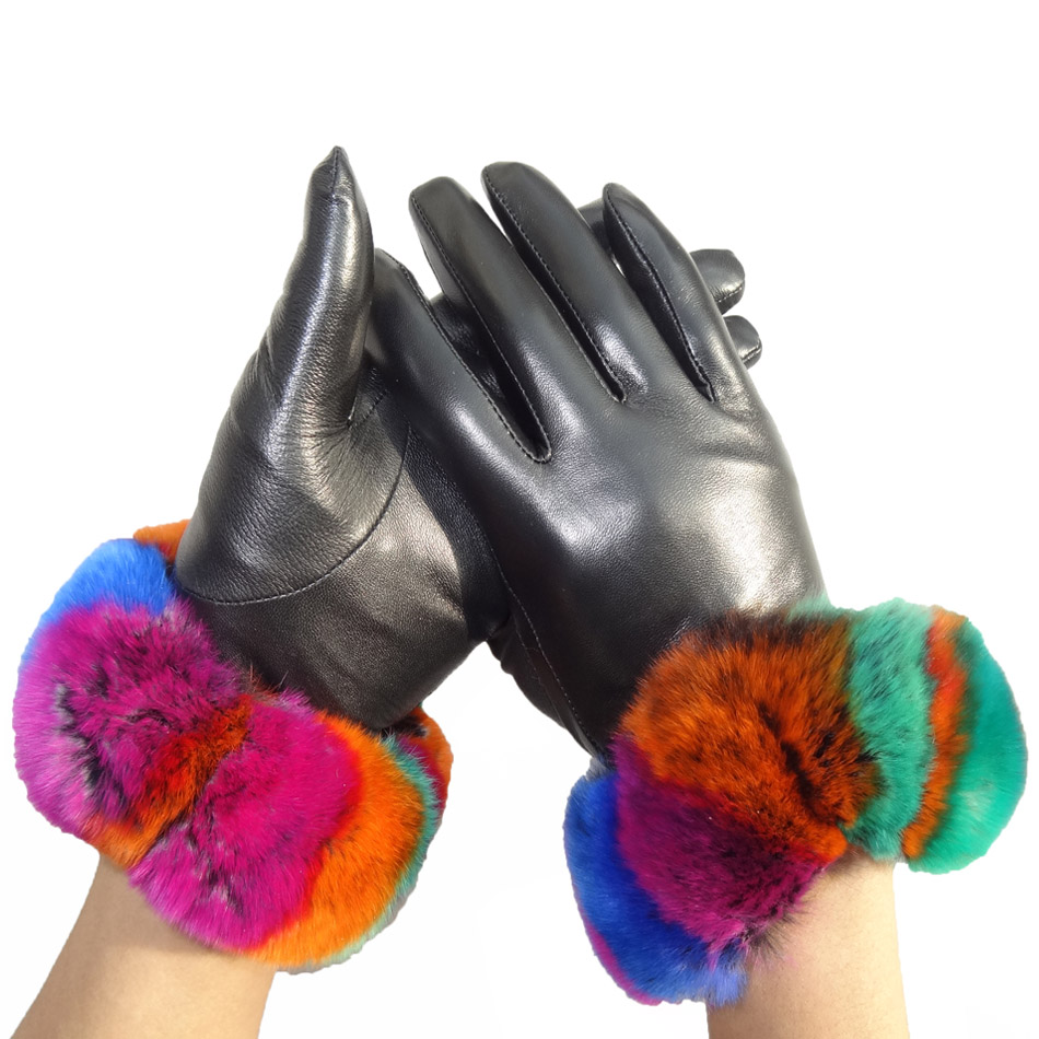 Bilberry Cheap Patched Sheepskin Lamb Fur Mittens with Belt for lady brown color