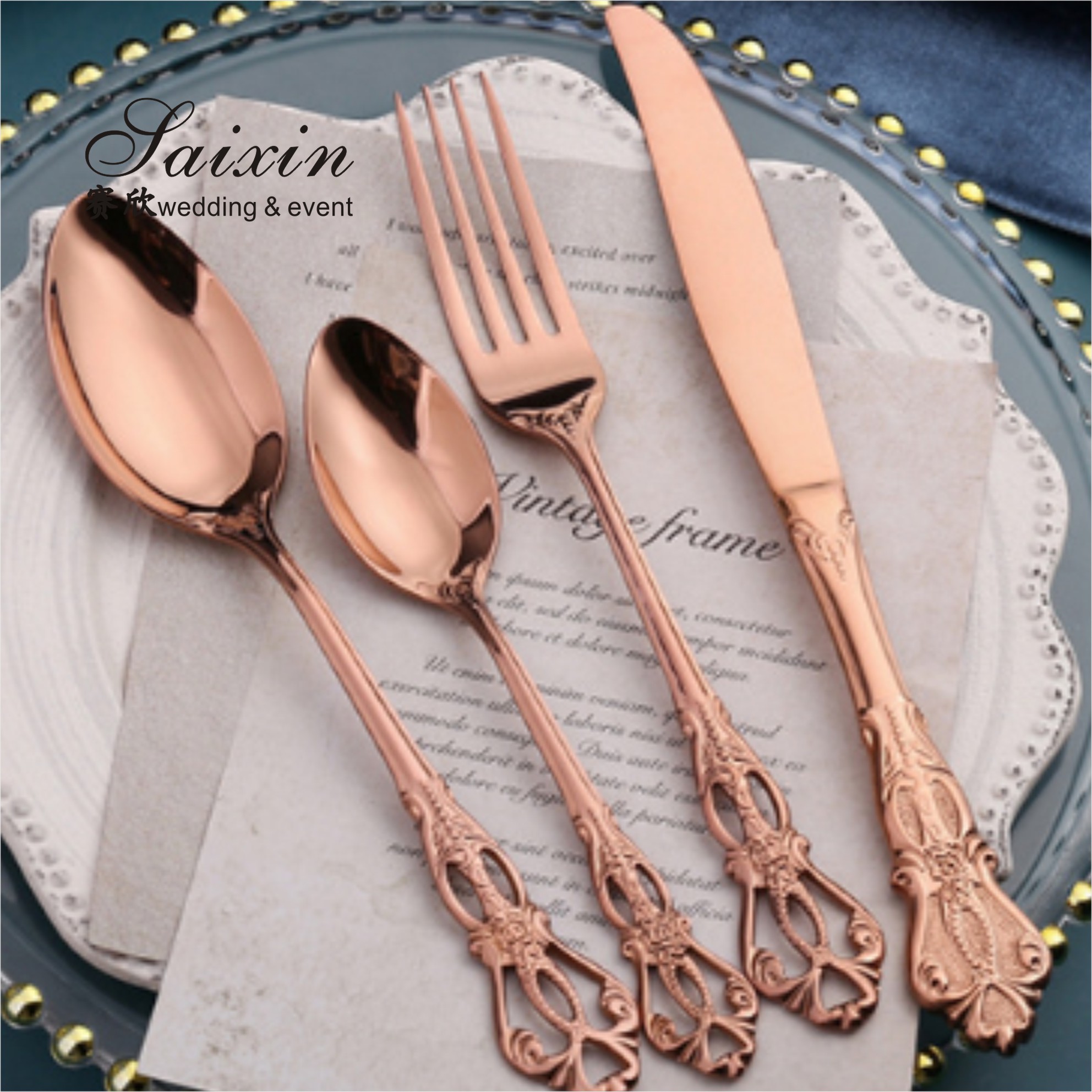 SX-GP-012 Luxury vintage stainless steel knife fork spoon 4pieces set cutlery for wedding dinner party