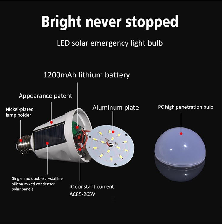 led solar bulb rechargeable emergency light E27 IP65 6000K AC85-265V