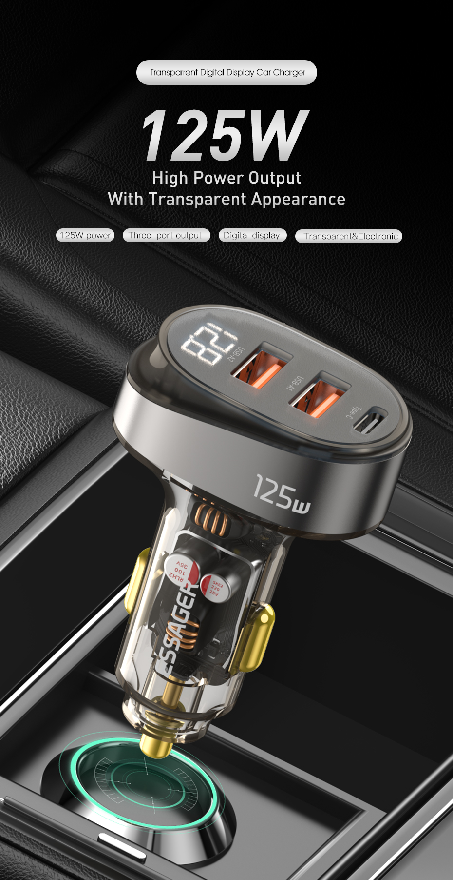 Essager 2022 Transparent Official Store Digital Display 125W Fast Car Charging 2 USB 1 Type C Port Car Charger