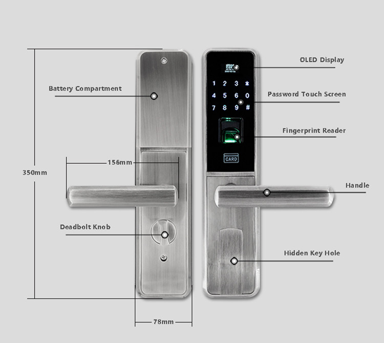Garbled Digital Fingerprint Door Lock Touch Screen MF1 Card Silver / Red Brass