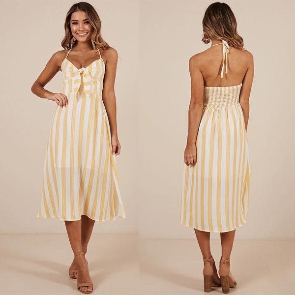 New arrival High Quality Mustard Stripe Beach Dress Summer Women Maxi Dress