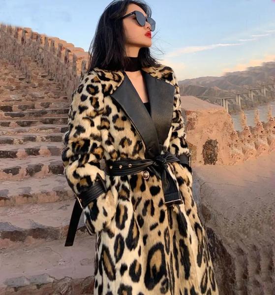 Long Faux Fur Leopard Trench Coat Trimmed Fur for Women in Winter Fur Long Line