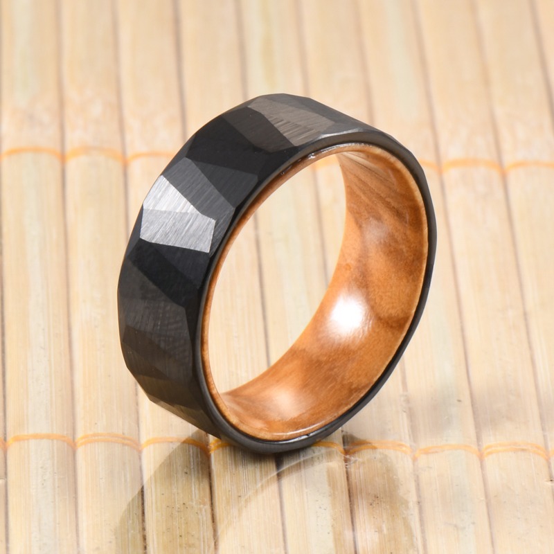 Sample Making Service Provided 8mm Faceted Silver Black Wedding Band Olive Wood Sleeve Inlay Tungsten Ring for Men Women