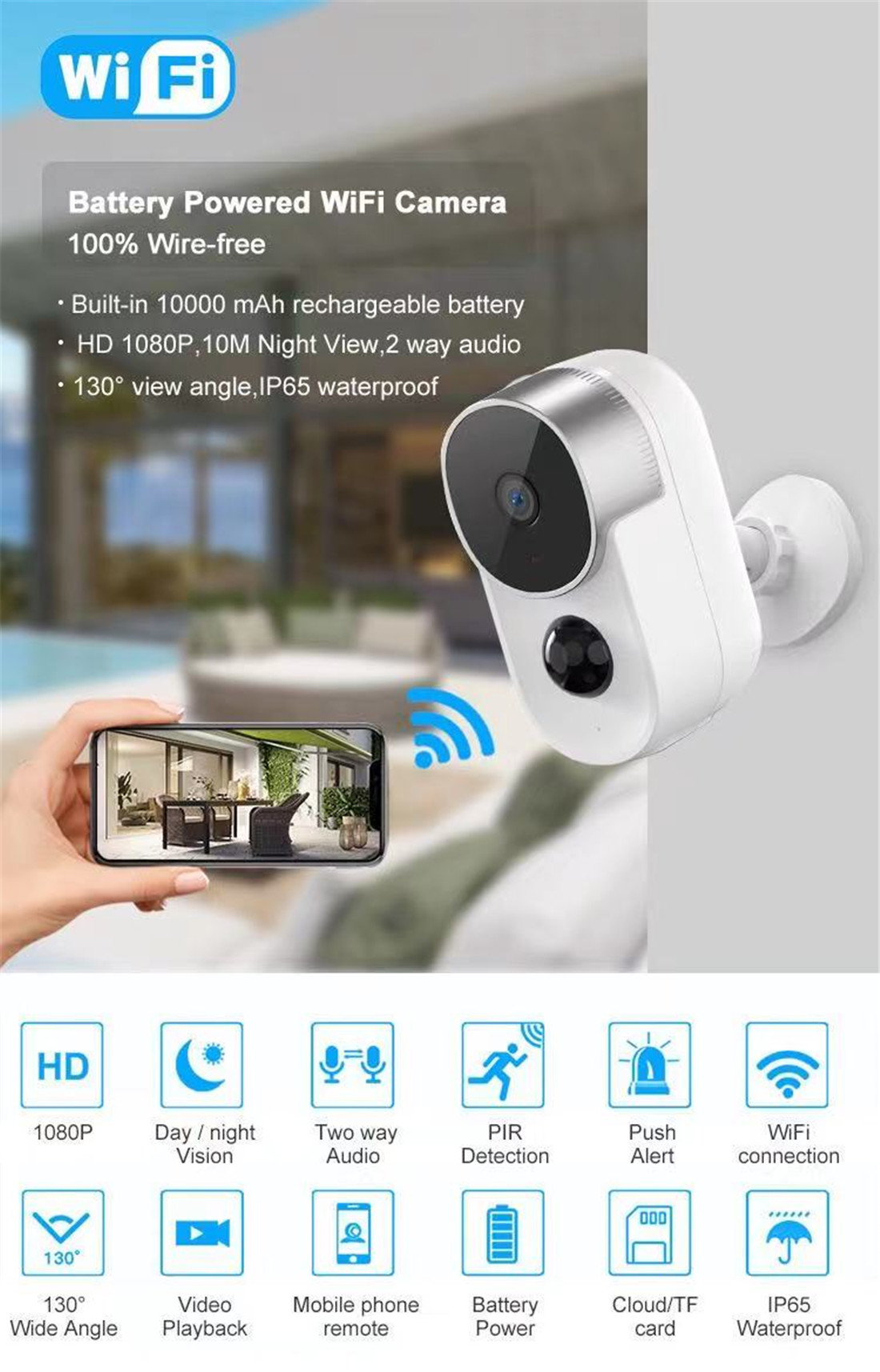 Unistone 2MP 10000mAh Battery Solar Powered Camera Supported Google Home / Alexa(US-BC204GA) Product model:CA0150 Comm