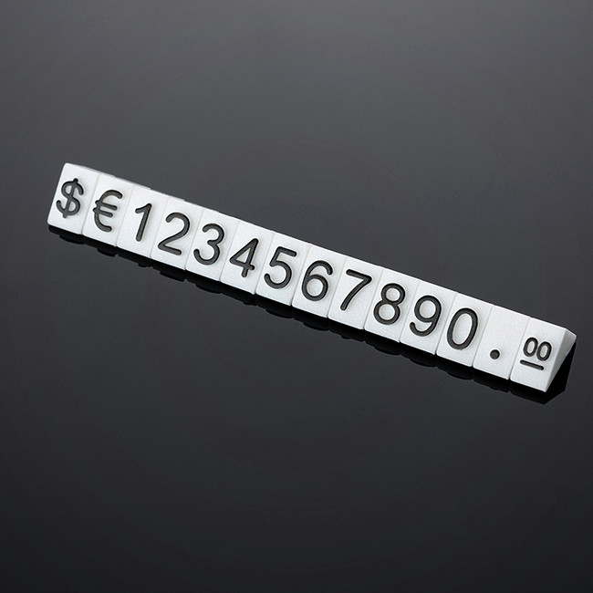 140 pcs Triangular price cubes are made from white plastic and have embossed black lettering